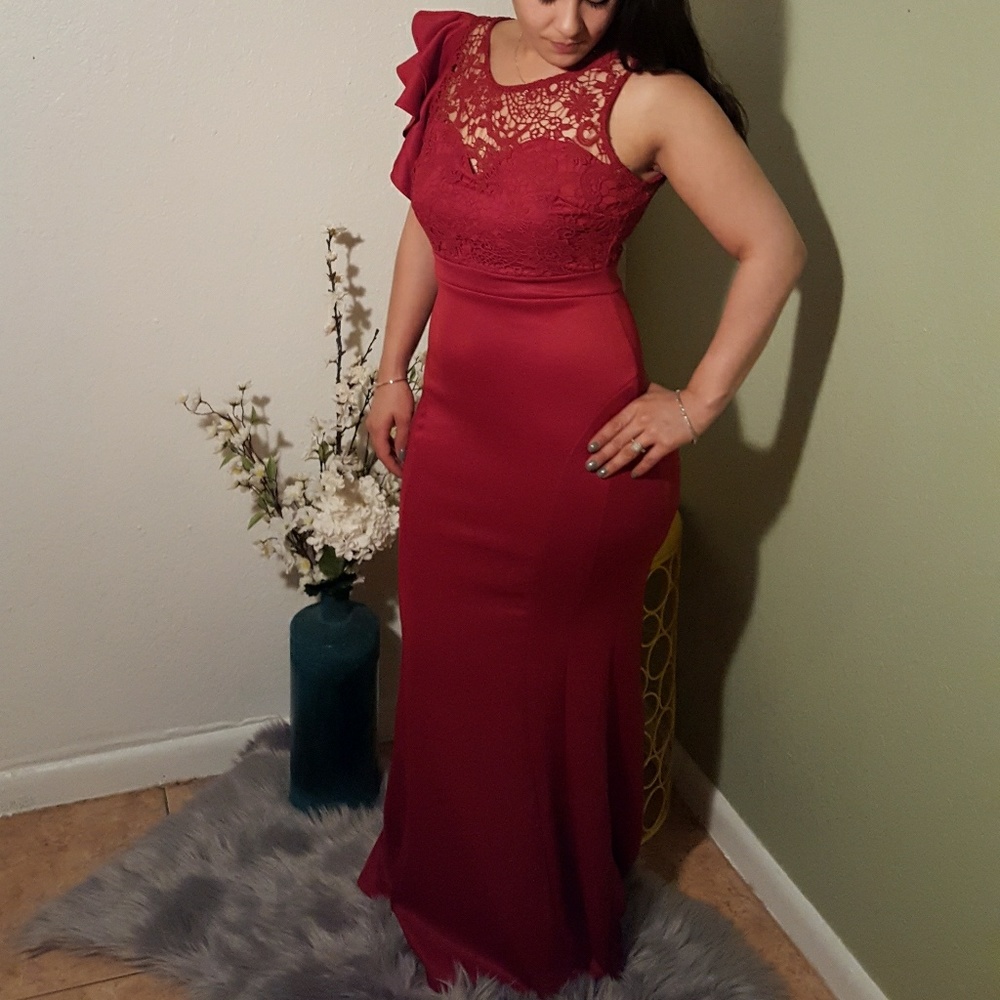 Red wine one lace shoulder dress